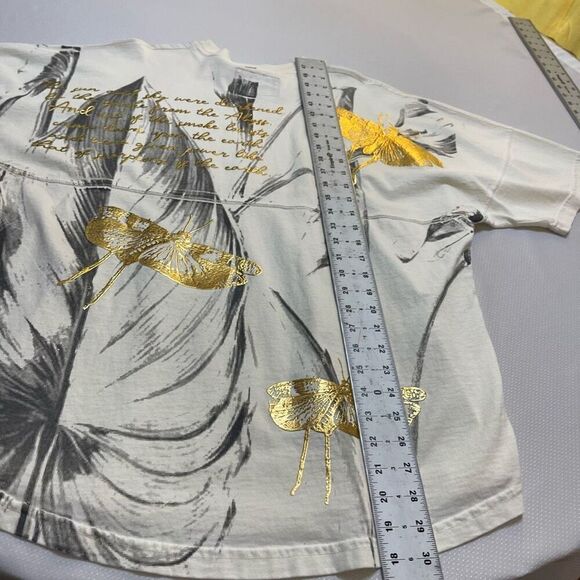 Spirit Jersey Dragonfly Metallic Gold Foil Feather Top T-Shirt Size Medium - Picture 13 of 13